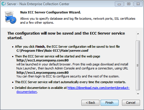 ECC Server installer - installation finished screen